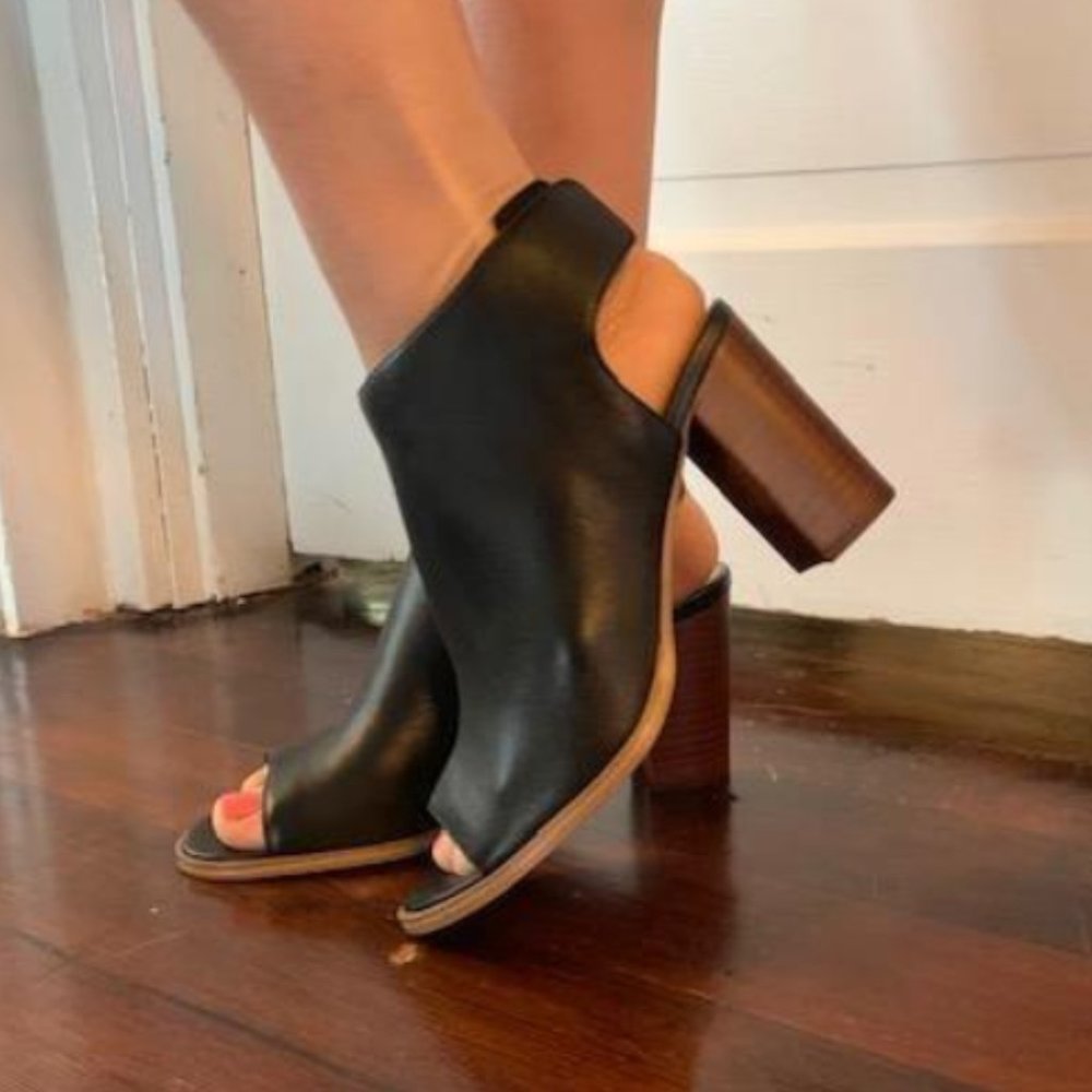 Black Genuine Leather Open Toe Chunky Heel Bootie